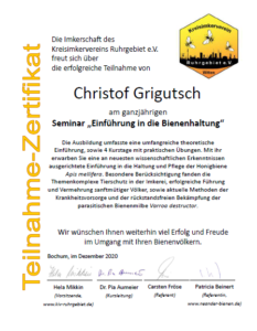 Zertifikat Seminar „Einführung in die Bienenhaltung“
