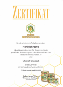 Zertifikat D.I.B. Fachkundenachweis Honig